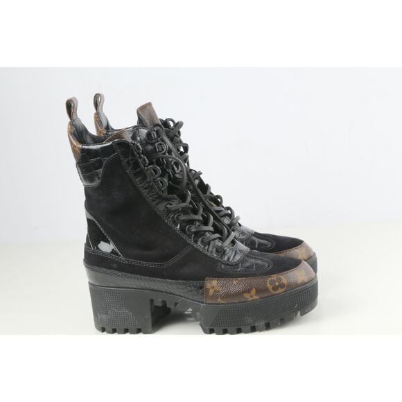 LOUIS VUITTON Boots Suede Monogram Laureate Platform Lace Desert Combat Size 37 - Picture 1 of 16